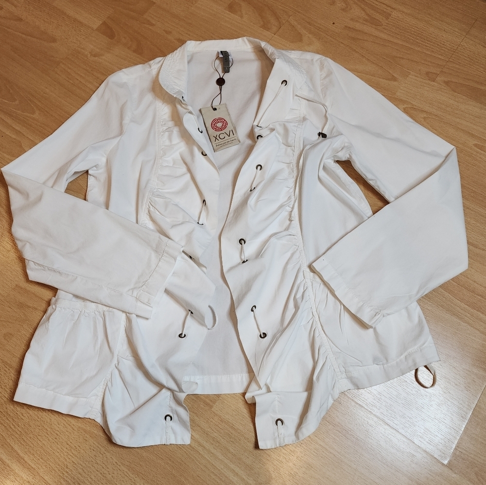 NWT XCVI White Open Front Jacket Cotton Lace Up Drawstring Size Large